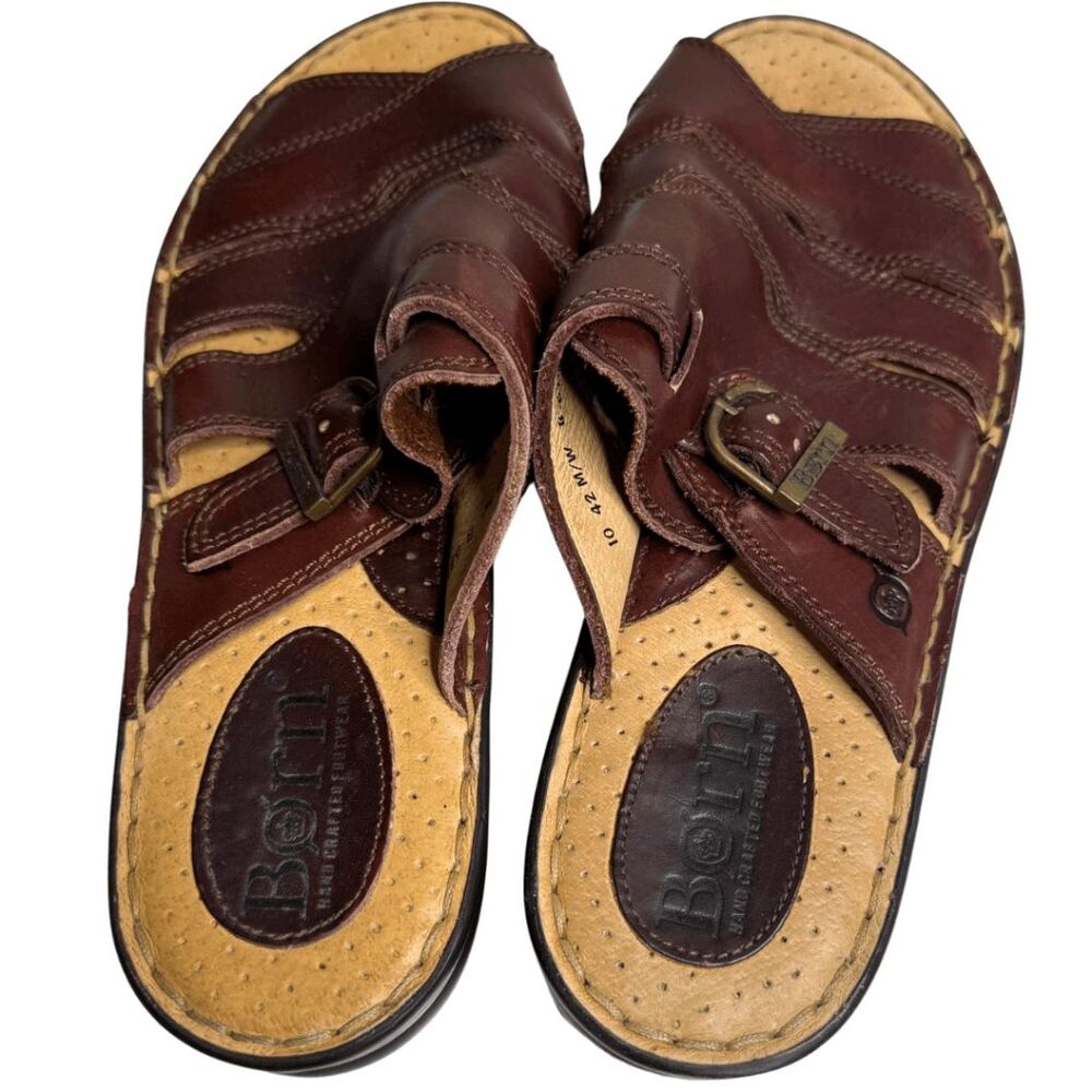 Born Women's Handcrafted Leather Buckled Strappy‎ Slide Sandals Brown Size 10 - Picture 4 of 9